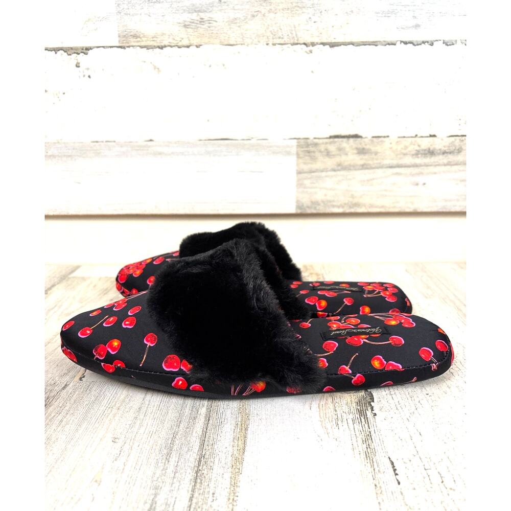 Victoria's Secret Womens L Black Red Floral Faux Fur Boudoir Slippers NWT